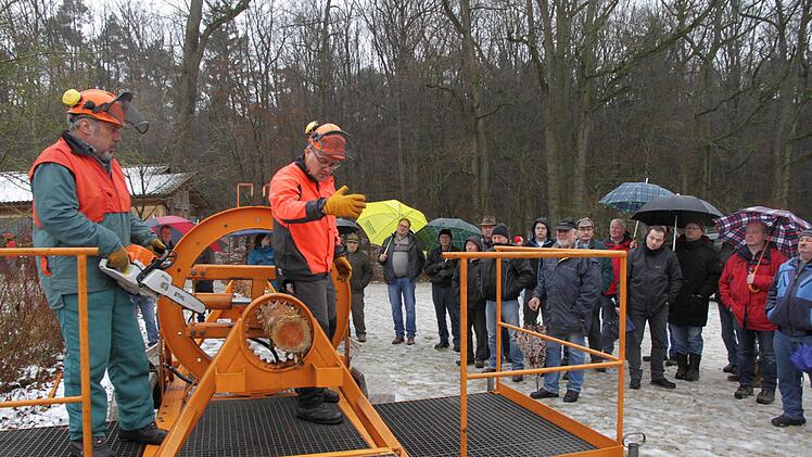 Anhand eines Spannungssimulators werden  die Gefahren beim Baumfällen veranschaulicht Erlwein