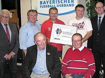 Der Ehrenamtsbeauftragte im BFV-Kreis Schweinfurt, Edgar Hedrich (links), überreichte die "Goldene Raute" dem Ehrenamtsbeauftragten des FSV Krum, Bernd Ebert (hinten Mitte). Mit ihm freuen sich (stehend von links) Schriftführer Thomas Mantel, der stellvertretende Vorsitzende Marco Schorr und Bürgermeister Thomas Stadelmann sowie die Ehrenmitglieder Helmut Geheeb und Roland Fritzmann (sitzend). Foto: Ortloff
