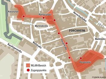 Die Karte zeigt die Reichweite des freien W-Lan in Forchheim.FT-Grafik: Klaus Heim