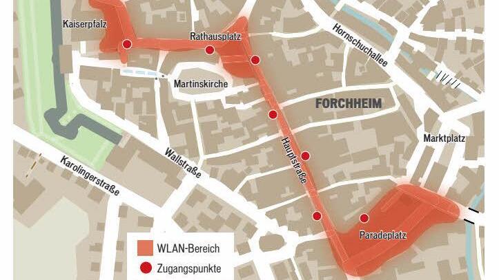 Die Karte zeigt die Reichweite des freien W-Lan in Forchheim.FT-Grafik: Klaus Heim