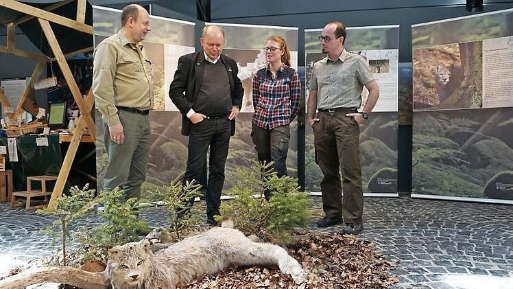 Luchsausstellung im Haus der Langen Rhön in Oberelsbach. Ausstellungseröffnung mit (von links). Michael Dohrmann, Michael Geier, Claudia Stieglbunner (Praktikantin) und Tobias Gerlach (Monitorin Biosphärenreservat).  Foto: Marion Eckert