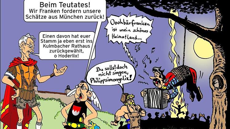 Hoderlix (Wolfgang Hoderlein) fordert die Rückgabe fränkischer  Beutekunst. Derweil  darf Philippsimongolix (Wer ist hier bloß gemeint?) nicht singen. Karikatur: Jürgen Scheibe