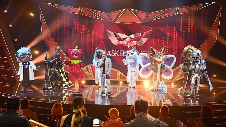 Diese acht Masken k&auml;mpften um den Einzug ins Finale (von links): Prof. Dr. Dr. Schweinstein, P.S., Erdb&auml;r, Fernando el Toro, Yeti Cat, Momo, Wild Thing und Mr. Mic.