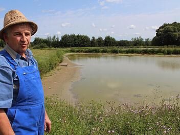 Teichwirt Gerhard Schmidt aus Biengarten vor seinem Setzlingsweiher, in dem ein halber Meter Wasser fehlt. Foto: Andreas Dorsch
