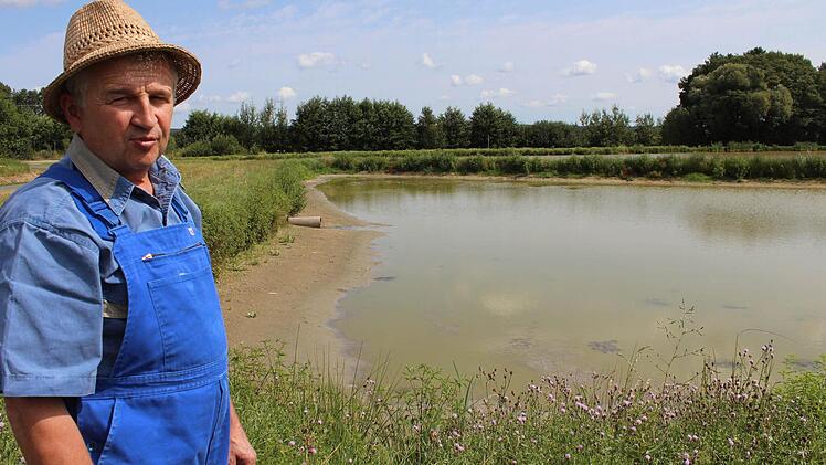 Teichwirt Gerhard Schmidt aus Biengarten vor seinem Setzlingsweiher, in dem ein halber Meter Wasser fehlt. Foto: Andreas Dorsch