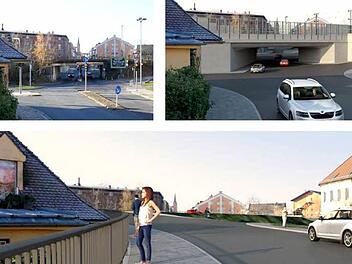 Das Beispiel zeigt, wie sich der Anblick der Geisfelder Unterführung durch das Bahnprojekt verändern würde. Oben rechts die Ansicht beim Ausbau im Bestand. Unten die Perspektive im Fall eines Tunnelbaus. Dann würde die Geisfelder Straße über die Bahnlinie führen.   Foto/Illustration: DB Netz AG