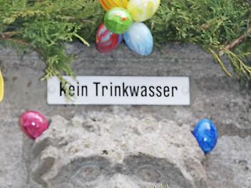 Damit es dem Löwen am Kiliansbrunnen nicht zu kalt wird, hat er einen Ohrenschutz aus Eiern bekommen.