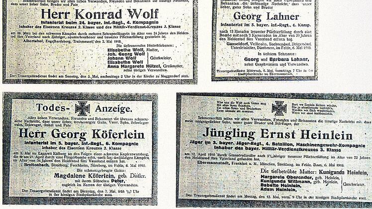 Gefallenenanzeigen aus dem "Wiesent-Boten" von Freitag, 3. Mai, bis Samstag, 11. Mai 1918. Im Frühjahr 1918 starben viele junge Männer aus der Fränkischen Schweiz an der Westfront.