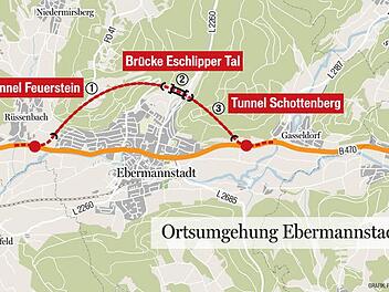 Planung für die Ortsumgehung Ebermannstadt Grafik: Franziska Schäfer/FT, Quelle: Staatliches Bauamt Bamberg