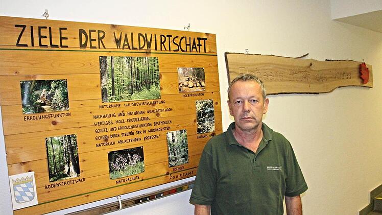 Die Ziele der Waldwirtschaft sind im Eingangsbereich des Büros von Wolfgang Gnannt (Foto) dargestellt.  Foto: Helmut Will
