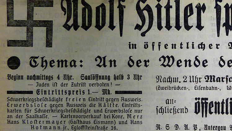 Mit dieser Anzeige warb die NSDAP im Forchheimer Tagblatt vom 23. August 1930 für den Auftritt Hitlers. Repro: Franze