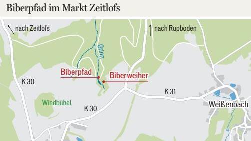 An dieser Stelle zwischen Weißenbach und Roßbach liegt der Biberlehrpfad: Grafik: Dagmar Klumb / Quelle: Brückenauer Rhönallianz
