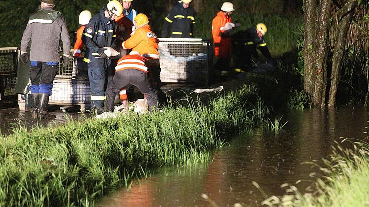 Mit vereinten Kräften kämpften Feuerwehr und THW in der Nacht auf Montag gegen einen drohenden Dammbruch am Tretzendorfer Weiher. Foto: News5 / Herse