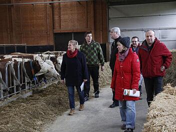 Kreisbäuerin Rosi Kraus, Christian Werner, Obmann Hermann Greif, Christiane Werner, Werner Nützel und Peter Schubert (v.l.) sehen sich im Stall um.  Foto: Josef Hofbauer