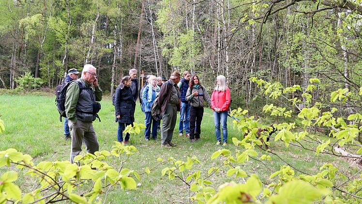 F&ouml;rsterin Anja M&ouml;rtlbauer erkl&auml;rte den Teilnehmern geschichtliche und biologische Hintergr&uuml;nde zum Frankenwald. Foto: Adriane Lochner