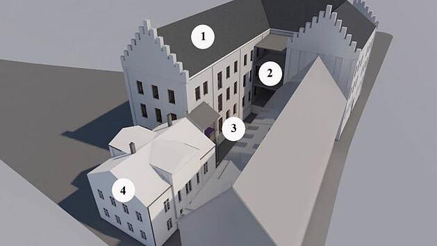 Ein kleiner Anbau (3) soll die Lutherschule (1) mit dem Haus Goethestraße 1 (4) verbinden, ein Anbau (2) im Innenhof der Schule die Mittagsbetreuung, die Lernwerkstatt und Sanitärräume aufnehmen. Foto: CT-Archiv