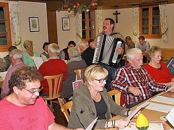 Ein fränkischer Singabend in Hallerndorf: Vitus Kramer spielte mit seinem Akkordeon inmitten der Freunde fränkischen Liedgutes.  Foto: Mathias Erlwein