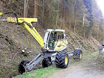 Der Schreitbagger der Firma Simon im Einsatz entlang des Radweges im Leitschtal.  Foto: Gemeinde Steinwiesen