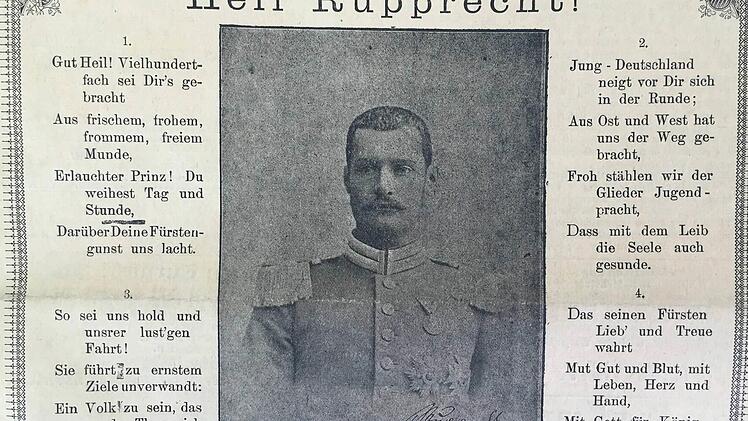 Ein Foto aus dem "Kulmbacher Tagblatt" vom 7. August 1897, eingerahmt von einem Huldigungsgedicht eines Kulmbacher Verfassers. Foto: Wikipedia
