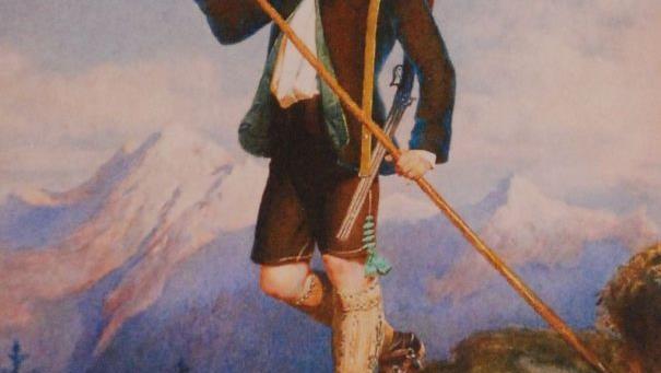 Herzog Ernst II in alpiner Tracht und Jagdausstattung im Hochgebirge; Maler Carl Trost (1856)