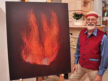 "Feuer" heißt dieses Bild, für das der Künstler Helmut Droll die Farben mit Fäden aufgepeitscht hat.