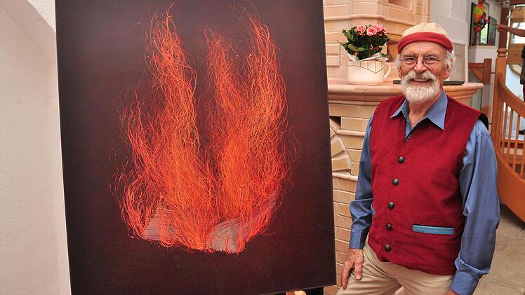 "Feuer" heißt dieses Bild, für das der Künstler Helmut Droll die Farben mit Fäden aufgepeitscht hat.