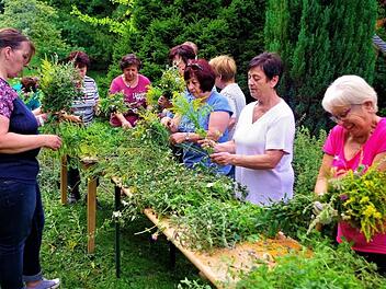 Tradition zum Feiertag Mariä Himmelfahrt: Alljährlich werden von den Frauen des Katholischen Frauenbundes Stockheim Kräutersträuße gebunden. Die Aufnahme entstand 2016.  Foto: Gerd Fleischmann/Archiv