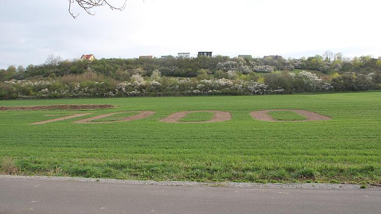 Hier entsteht das neue Baugebiet. 25 Bauplätze werden ausgewiesen. Aktuell ist das Areal eine Art natürliche Werbefläche. Die Zahl 1000 weist auf die 1000-Jahr-Feier der Stadt hin.   Klaus Schmitt