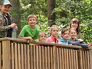 Von hoher Warte blicken auf das Biotop vor dem "Grünen Klassenzimmer" (von links): Noah, Karl, Luisa, Kira, Lena, Sophia und Waldpädagogin Katharina Schafhauser.  Fotos: Helmut Will