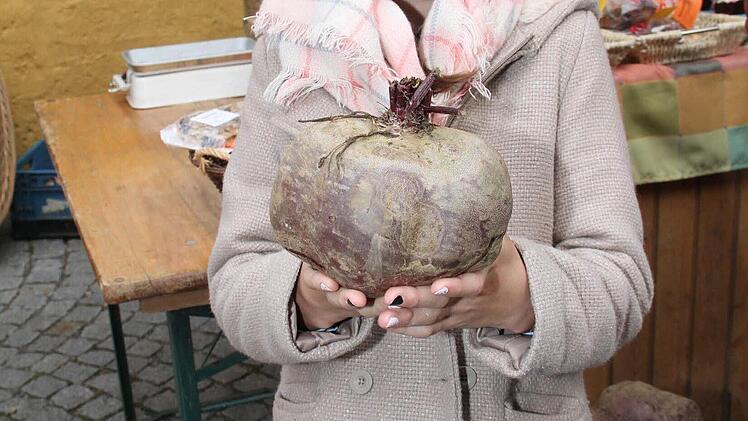 Luisa-Marie aus Unterzettlitz hält eine Rote Beete in der Hand, die aufgrund günstiger Wachstumsbedingungen zu einer beachtlichen Größe herangewachsen ist.