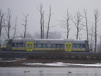 Bei grauem und regnerischem Wetter f&auml;hrt in Coburg ein Regionalzug dder agilis-Verkehrsgesellschaft am Goldbergsee entlang. Foto: Nicolas Armer/dpa