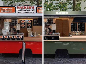 Collage der aktuellen "Hacker's" Rostbratwurstbude sowie einem Gestaltungsvorschlag der Stadt Bamberg