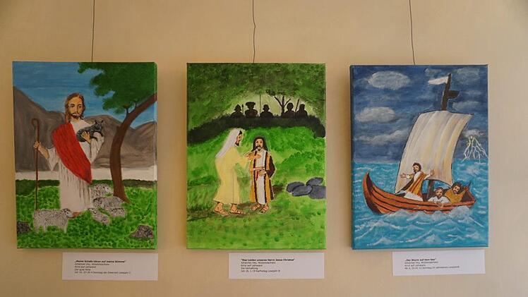 Drei Darstellungen von Johannes Vey Wüstensachsen. "Der gute Hirte", "Die Verhaftung" und "Der Sturm auf dem See". Marion Eckert