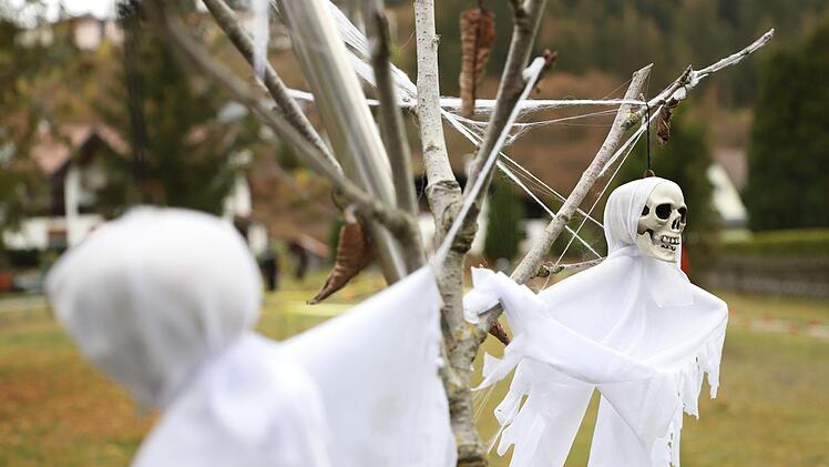 Sich zuprostende Geister, blutige Gestalten und offene Gräber: Sabrina de Groot hat sich einiges einfallen lassen, um ihren Garten in Wilhelmsthal in den zwei Wochen vor Halloween schaurig schön zu gestalten. Foto: Marian Hamacher