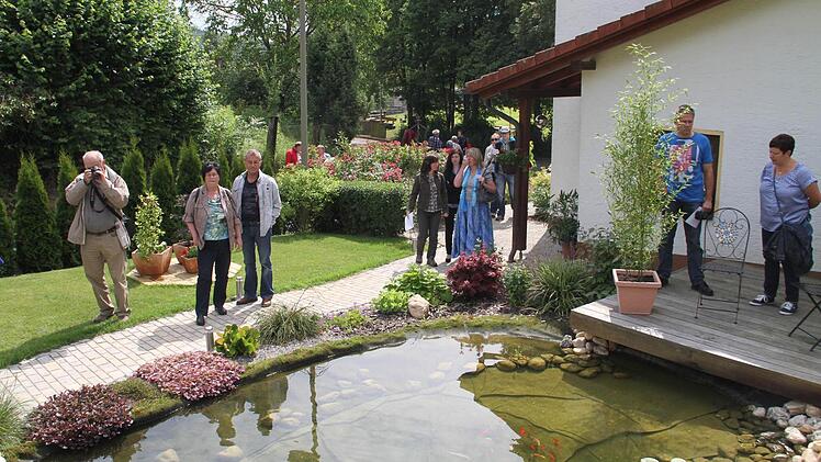 In diesem Vorgarten ist ein kleiner Teich ein begehrtes Fotomotiv .