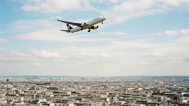 Ein Flugzeug fliegt &uuml;ber Paris.