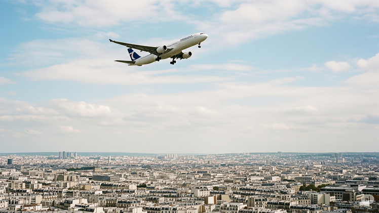 Ein Flugzeug fliegt über Paris.
