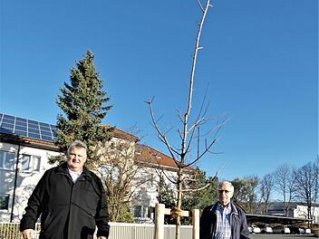 Bürgermeister Gerhard Schneider (links) und Hans Matussek, der die Mitarbeiter des gemeindlichen Bauhofes auch bei Pflegearbeiten wie dem Ausasten von Bäumen unterstützt.  Foto: Werner Reißaus