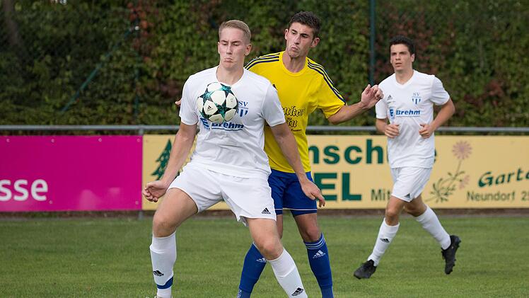 Eng am Gegner versucht der Mitwitzer Lukas F&ouml;hrwei&szlig;er (gelbes Trikot), den Torsch&uuml;tzen Moritz M&ouml;nch unter Druck zu setzen.  Fotos: Heinrich Wei&szlig;