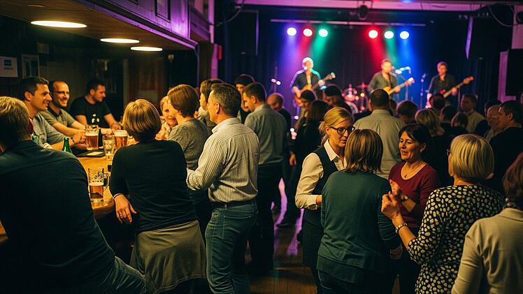 In einer lebhaften Kneipe spielen Musiker auf der Bühne. Menschen unterhalten sich an der Bar und tanzen. Bunte Lichter beleuchten die Szene, die Musik im Mittelpunkt hat.