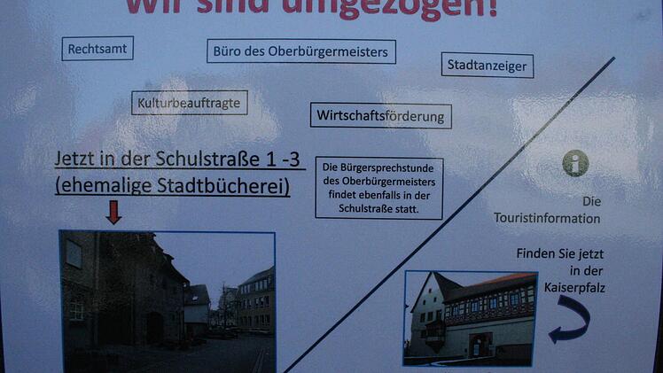 Ein Wegweiser an der Tür des wegen Umbaus geschlossenen Rathauses.