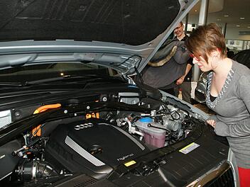 Ein Hybrid-Fahrzeug mit allem möglichen elektronischen Sonderzubehör für die Ausbildungswerkstatt der Heinrich-Thein-Berufsschule - das findet auch Linda Wildanger mehr als spannend. Sie ist die einzige Frau in der Ausbildungsklasse.  Fotos: Sabine Weinbeer
