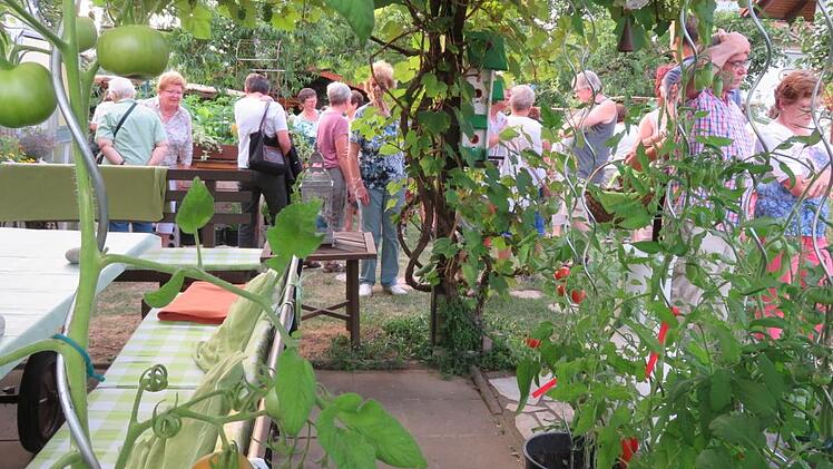 Beim Rundgang durch den Garten von Helga Dressel bekamen die Gäste Tomaten ohne Ende zu sehen. Foto: Monika schütz