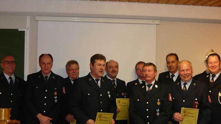 Ehrungen für 40 Jahre Vereinsmitgliedschaft (von rechts): Rainer Förg (Vorsitzender und stellvertretender Kommandant), Leo Büchner, Armin Förg, Lothar Knüttel, Hermann Müller, Peter Beck, Heinrich Reith, Heribert Beck, Ottmar Martin und Karl Raab. Foto: Oswald Türbl