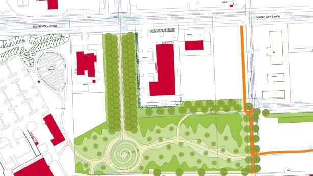 Den "Park der Arten" auf der Lauterer Höhe wird eine vierreihige Allee (Bildmitte) aus 70 Bäumen dominieren. Am Ende der Allee ist eine begehbare Pyramide vorgesehen, der Park entsteht dann in den nächsten Jahren entlang des Rottenbaches. Repro: Christoph Winter