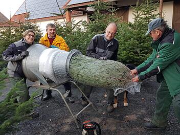 Selbst Kunde Bernhard Bachmann (Zweiter von links) packt mit an: Michaela, Jochen und Senior Helmut Horn verpacken einen Baum reisefertig im Netz. Fotos: Eckehard Kiesewetter