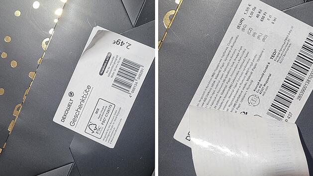 Zwei Preisschilder auf einer Geschenkt&uuml;te &uuml;berkleben sich. Der obere Preis betr&auml;gt 2,49&euro;, darunter ist ein weiteres Schild mit 1,55&euro;. Ein "bedauerlicher Fehler" laut Rossmann.