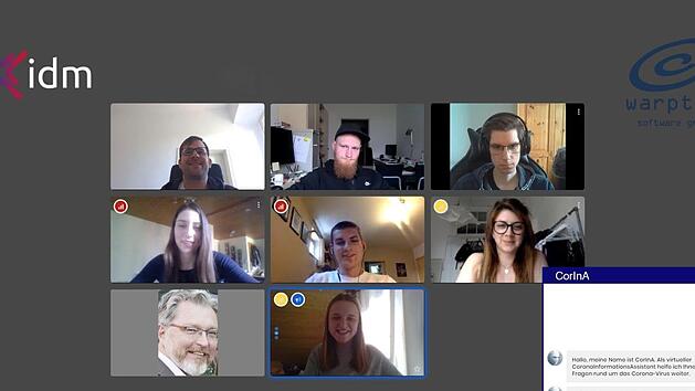 Die acht Mitarbeiter des Strullendorfer Instituts f&uuml;r Digitalisierung in einer Videokonferenz zum Thema Corina. Illustration: Daniel Alt/IdM