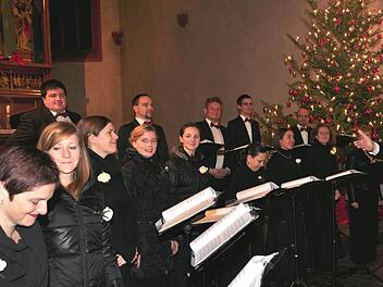 Matthias Beckert (r.), Leiter des Vokalensembles "Cantabile Regensburg", freute sich nach seinem Neujahrskonzert in der Stadtpfarrkirche in Haßfurt zusammen mit seinen Sängerinnen und Sängern über den frenetischen Beifall der Zuhörer. Foto: Ulrike Langer