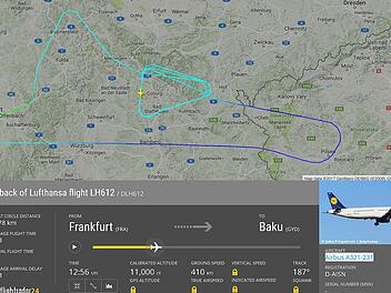 Auf der Homepage von "Flightradar24" kann man die außergewöhnliche Reise der Lufthansa-Maschine vom Sonntag nachvollziehen. Nach drei "Ehrenrunden" über dem Coburger Land kehrte LH 612 wieder nach Frankfurt zurück. Foto: Flightradar24.com